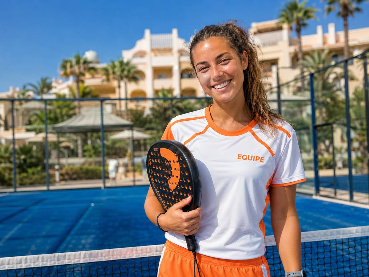 Animatore sportivo in divisa bianca e arancione con scritta EQUIPE su campo da tennis in villaggio turistico