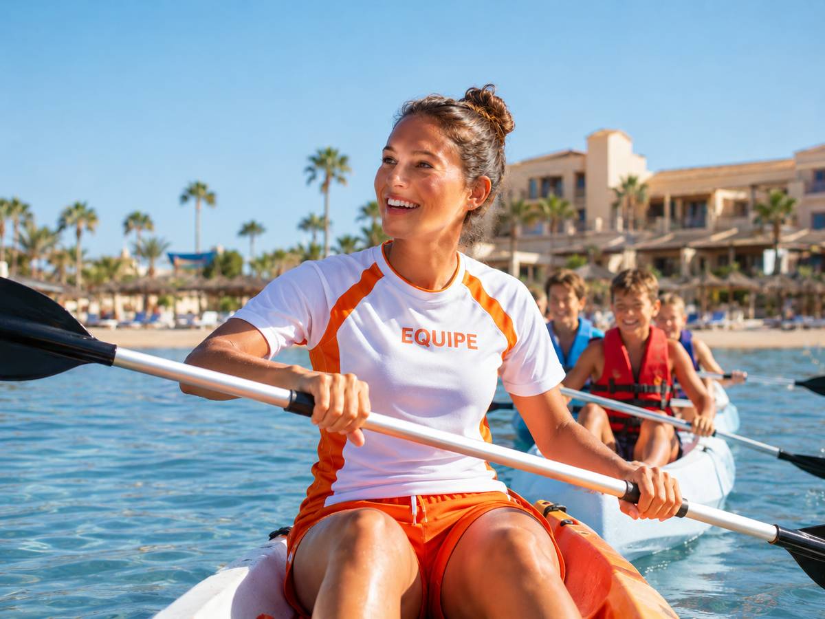 Animatrice sportiva in divisa bianca e arancione con scritta EQUIPE durante attività estiva in canoa nel villaggio turistico