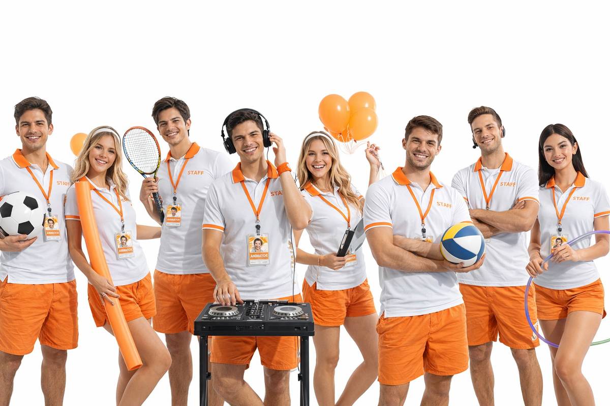 Foto di gruppo dello staff Club Animazione in divisa con attrezzature e sorrisi