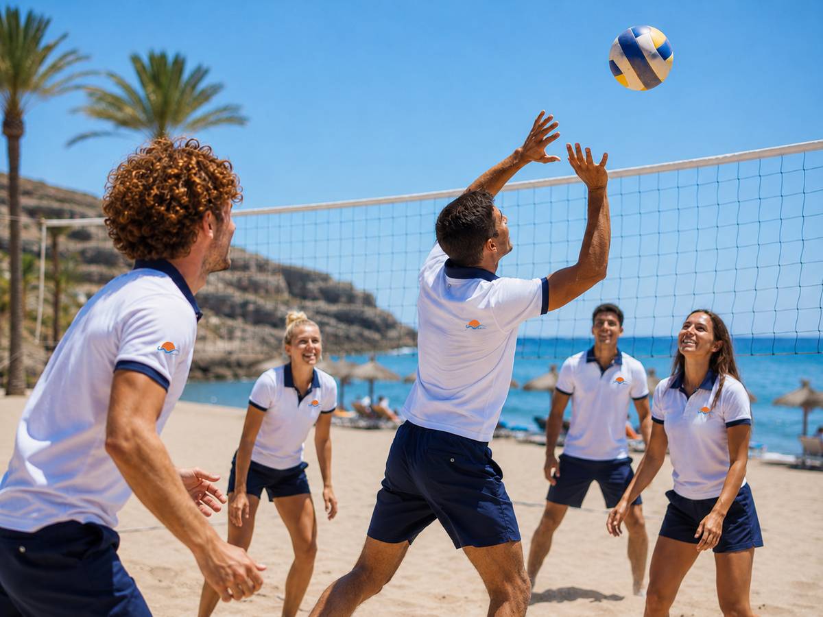 Animatori sportivi con logo Club Animazione sulle divise mentre giocano a beach volley sulla spiaggia