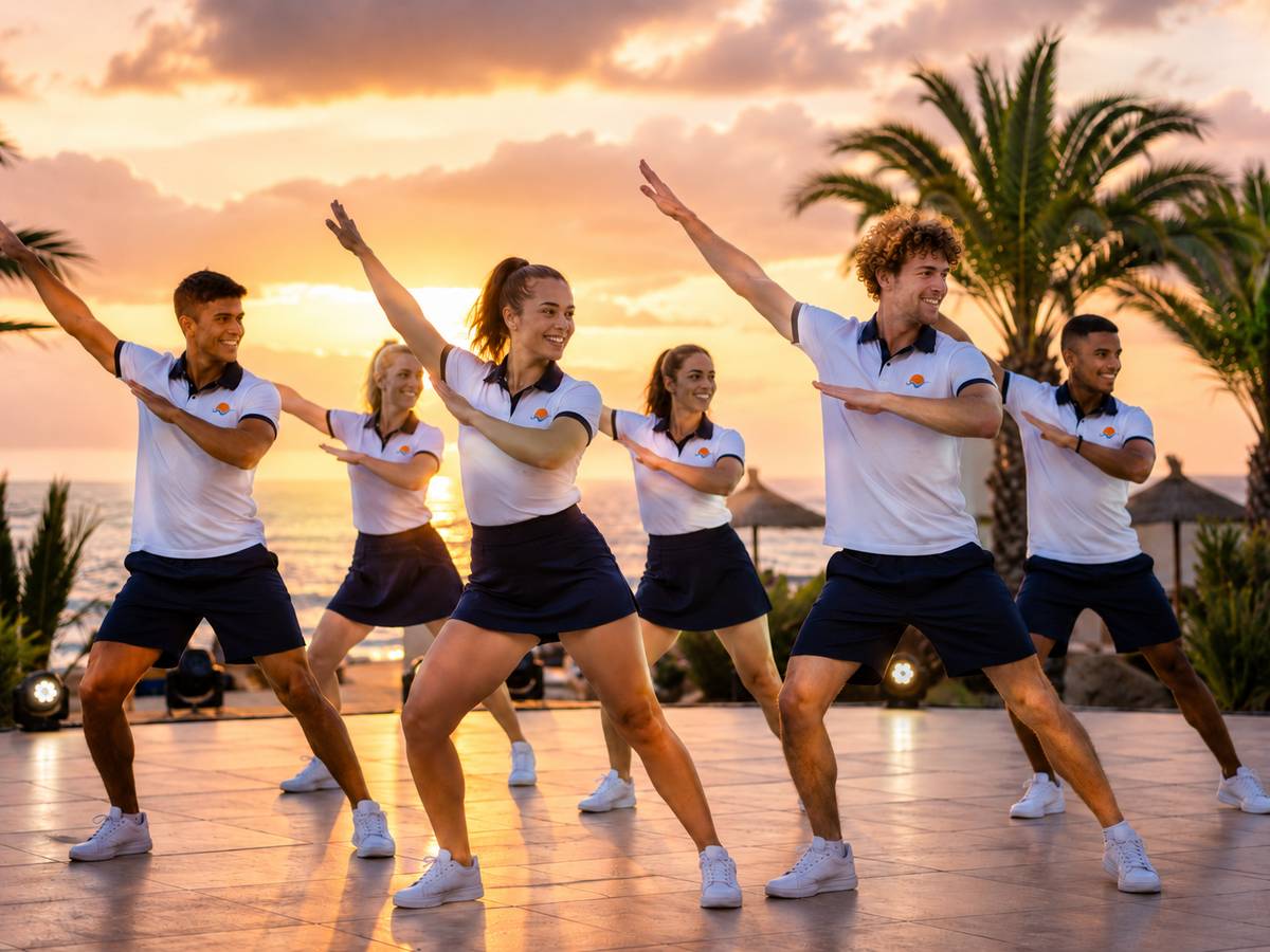Ballerini e animatori con logo Club Animazione sulle divise durante una coreografia al tramonto
