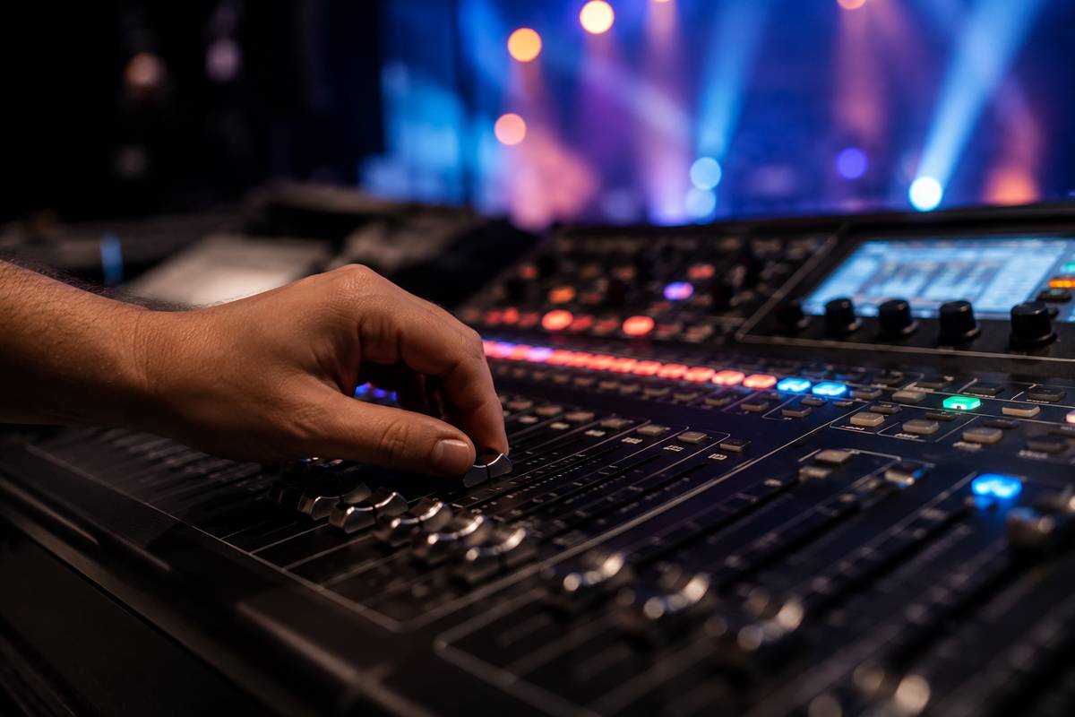 Mano su mixer audio durante la regolazione dei suoni