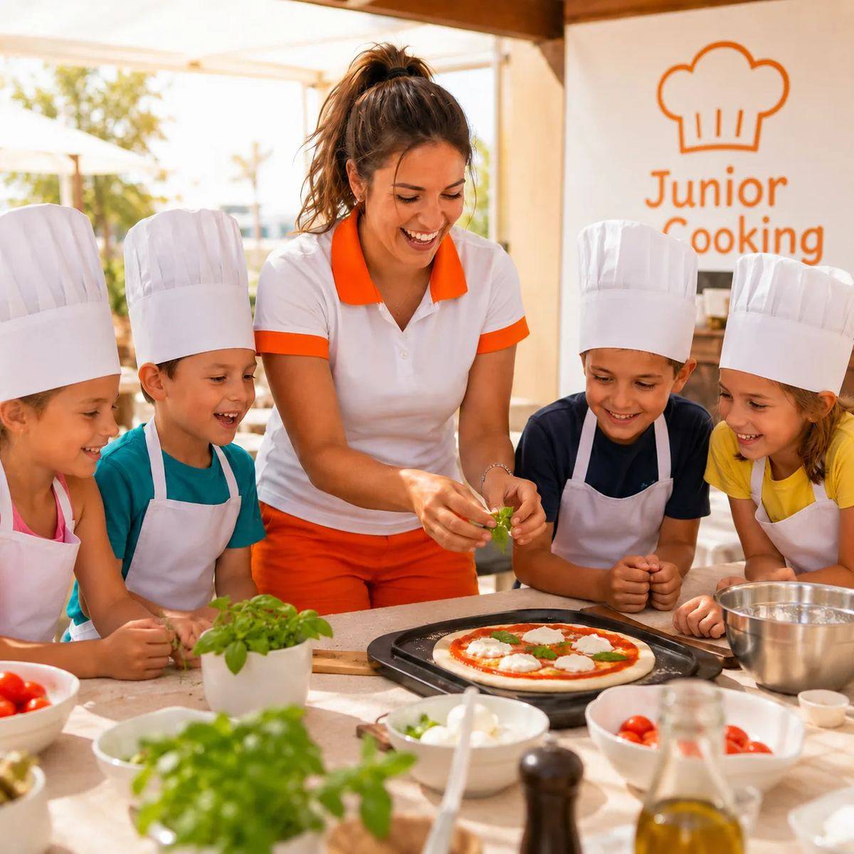 Bambini con cappelli da chef al laboratorio pizza
