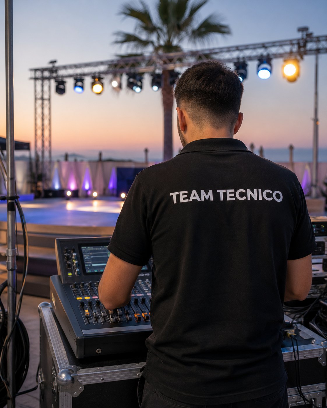 Tecnico suono e DJ durante una serata in villaggio turistico